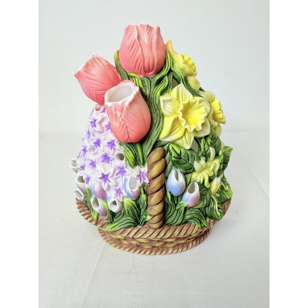 PartyLite Multicolored Ceramic Hand Painted Floral Basket Tea Light Holder